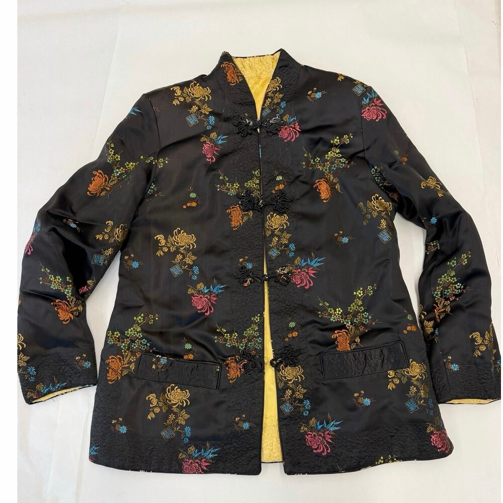 Vintage Black Satin Chinese Embroidered Jacket Mandarin Collar Frog Button